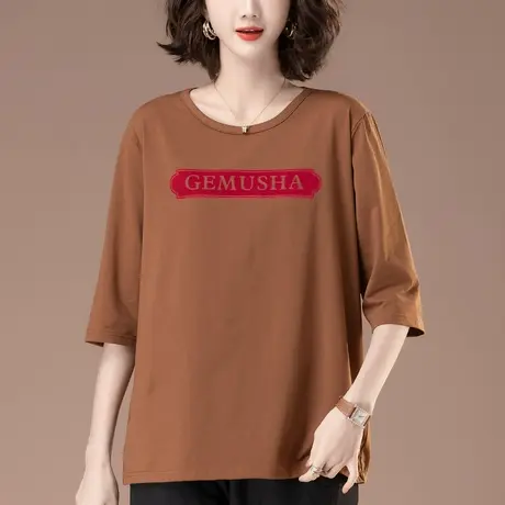 七分袖T恤女夏新款加肥加大码女装宽松中年妈妈休闲纯棉中袖上衣商品大图