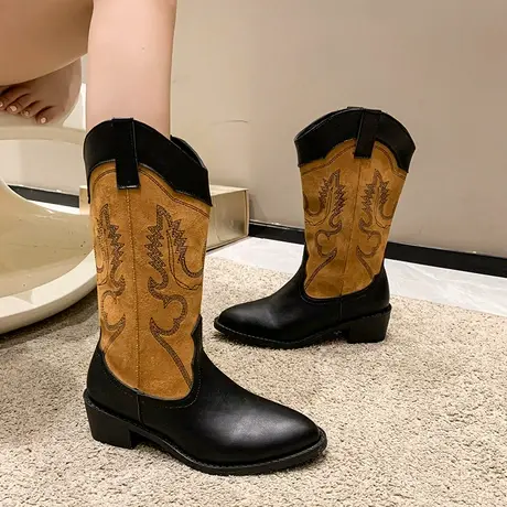 大码骑士靴女2023秋季新款复古拼色中筒靴高跟尖头刺绣西部牛仔靴图片