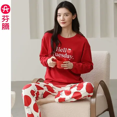 芬腾纯棉睡衣女士春秋季长袖长裤大码休闲大红色本命年家居服套装商品大图