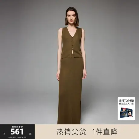 CHICC3咖色半身裙女2025年秋季新款醋酸松紧腰侧开叉长款针织裙子图片