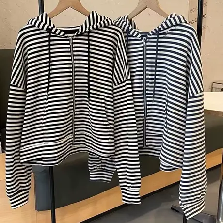 薄款条纹开衫卫衣女秋季百搭宽松显瘦bf慵懒风连帽上衣外套ins潮商品大图