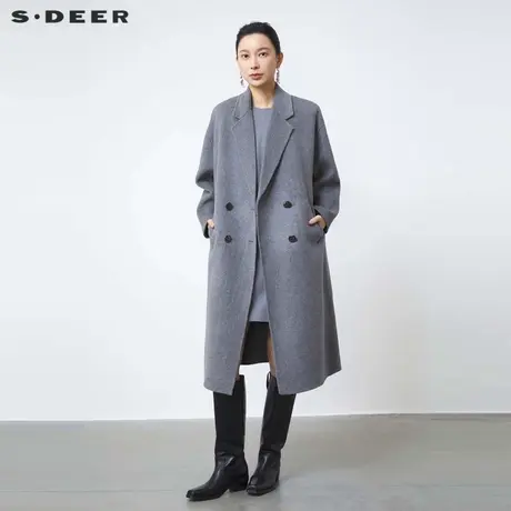 sdeer圣迪奥冬季女装西装领双排扣印花双面呢大衣S24482508商品大图
