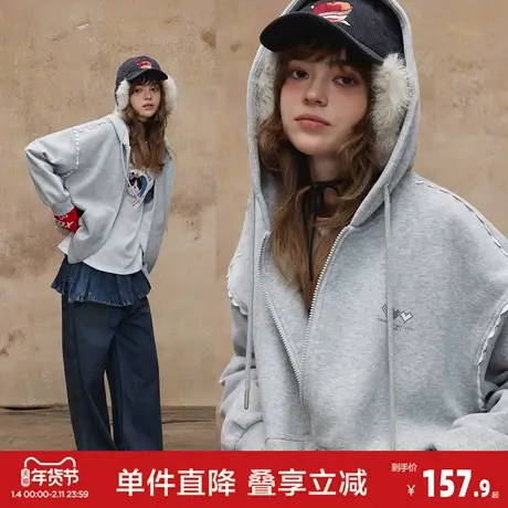 唐狮2026秋季新款针织外套女印花连帽灰色韩系慵懒风休闲开衫外套商品大图