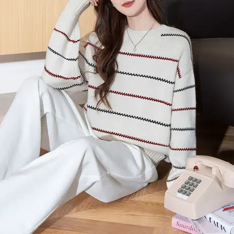 秋冬季毛衣女复古风设计感细条纹圆领套头高级感毛线衫TU图片