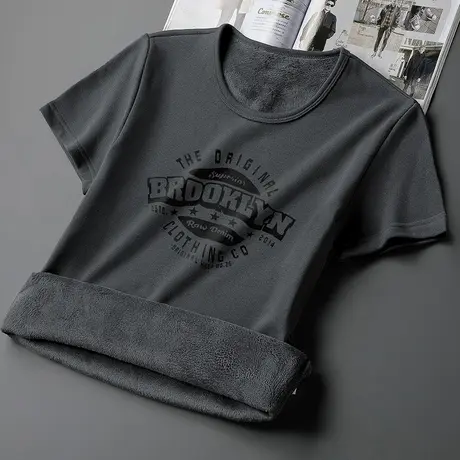 2023新款短袖t恤男生印花上衣服秋冬保暖半袖圆领加绒加厚打底衫商品大图