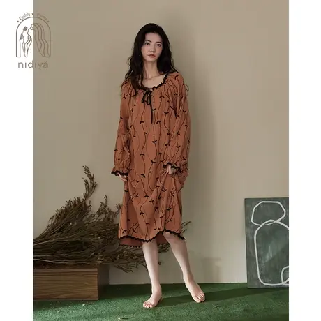 妮狄娅睡衣睡裙女秋季纯棉纱布优雅方领时尚宽松春秋中长裙家居服图片
