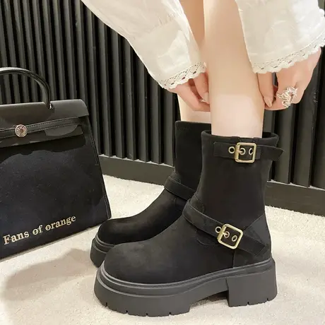 粗跟短靴女2023秋冬新款绒面皮带扣马丁靴时尚厚底百搭显瘦时装靴图片