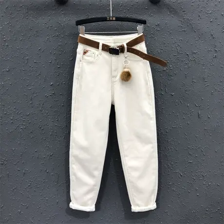 米白色简约哈伦裤女秋冬新款高腰显瘦气质百搭加绒牛仔小脚裤垮裤图片