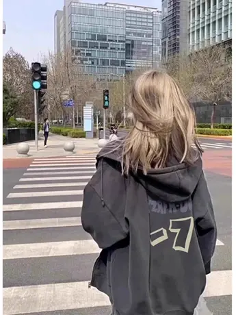 欧美hiphop外套女秋冬加绒ins潮胖mm大码慵懒风卫衣灰色显瘦上衣商品大图