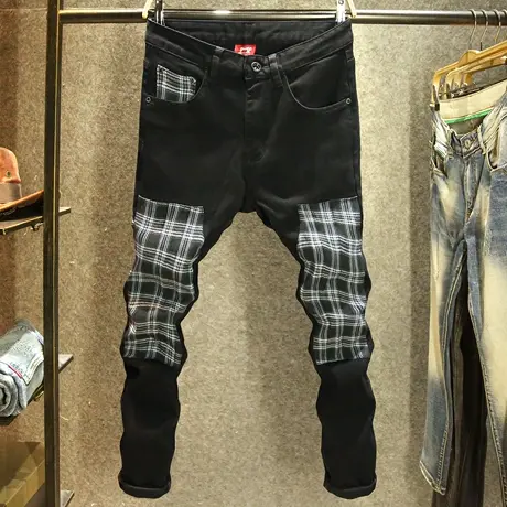 黑色不规则拼接牛仔裤男款修身小脚裤秋冬款潮牌撞色百搭裤子厚款商品大图