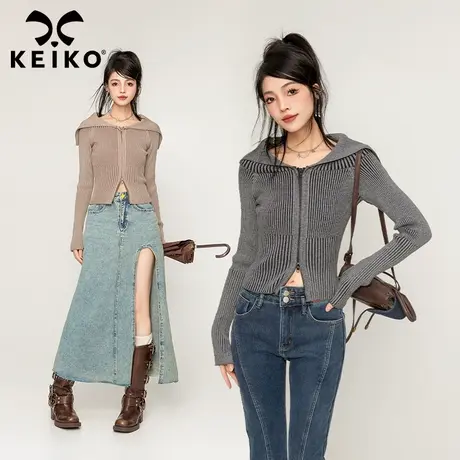 KEIKO 韩系翻领针织衫开衫2023秋冬紧致坑条修身显瘦拉链毛衣外套图片