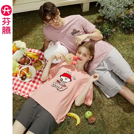 芬腾布朗熊情侣睡衣女夏季纯棉薄款透气卡通男士可外穿家居服套装商品大图