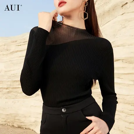 AUI黑色御姐气质内搭毛衣女2023冬新款百搭保暖修身显瘦毛织上衣图片