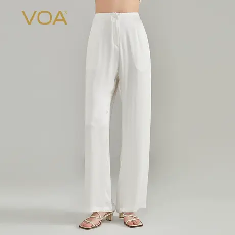 VOA40姆米真丝双面缎玉白色一粒扣侧插袋丝滑光泽垂顺亲肤直筒裤图片