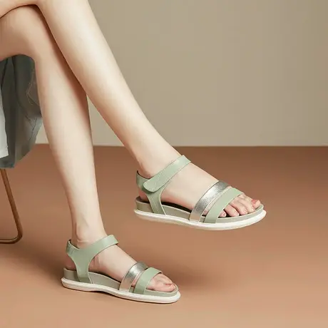 浅绿色简约百搭凉鞋夏季新款平底露趾魔术贴外穿女鞋日常休闲商品大图