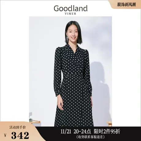 *Goodland美地女装秋季长袖v领收腰波点气质连衣裙图片