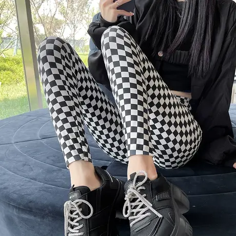 棋盘格鲨鱼裤女外穿显瘦打底裤高腰春秋收腹提臀健身瘦腿芭比裤子图片