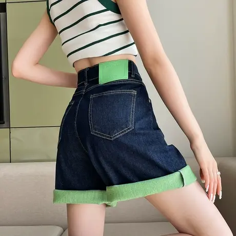 五分牛仔短裤女夏季薄款高腰显瘦撞色5分a字宽松绿色卷边阔腿中裤图片