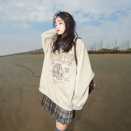 YEP美式复古卫衣女加绒2023新款春秋款宽松oversize设计感上衣ins商品大图