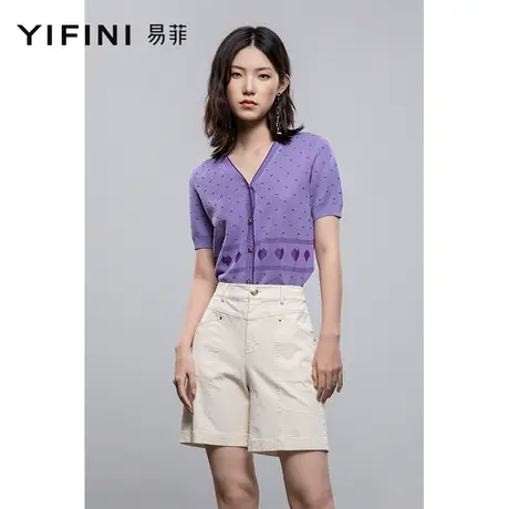 Yifini/易菲短袖V领宽松毛织外套女夏装新款薄款针织毛衫开衫商品大图