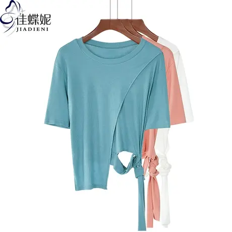 夏季新款韩版纯棉圆领小宽松短款高腰不规则绑带体恤短袖上衣女装商品大图