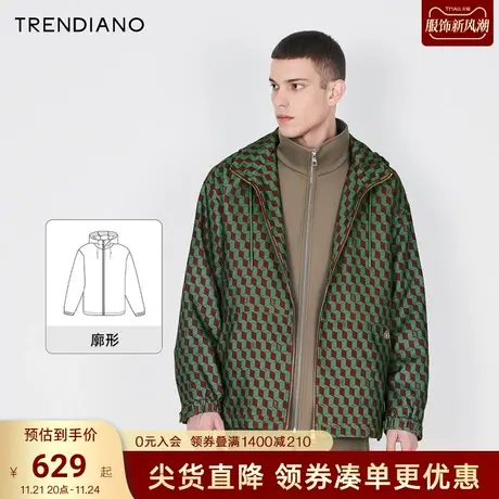 TRENDIANO官方棋盘格时尚拉链廓形连帽外套男潮2023新款冬季商品大图