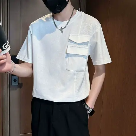 短袖t恤夏季新款纯色拼接高级感小众设计潮男半袖上衣半截袖体恤商品大图