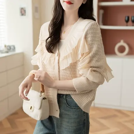 2023秋装新款韩版宽松女针织衫上衣V领毛衣长袖拼接雪纺外套开衫商品大图