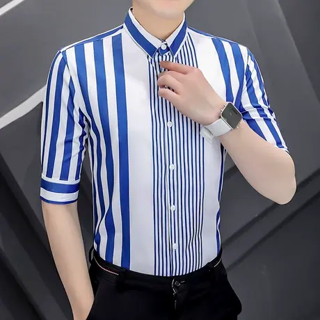 条纹夏季衬衫男士七分袖韩版帅气衬衣ins潮流发型师夏装休闲短袖图片