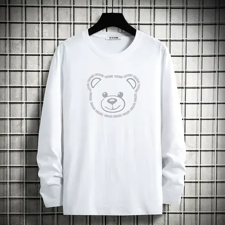 2023新款小熊t恤男士长袖纯棉白色上衣服秋季内搭打底衫全棉体恤商品大图