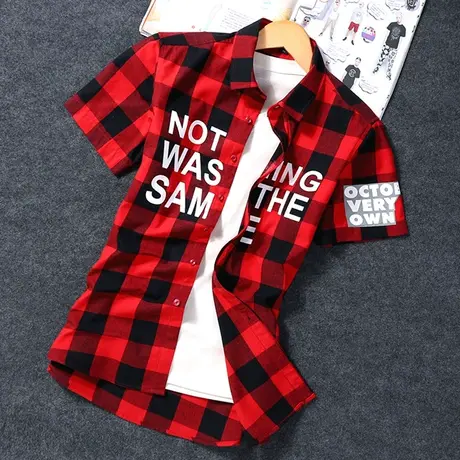 格子衬衫男士短袖夏季2025新款韩版潮流印花半袖修身休闲半袖衬衣商品大图