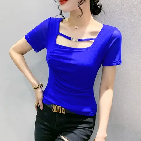 性感网纱小衫女2023夏装新款欧货洋气百搭上衣别致褶皱修身小衫潮商品大图