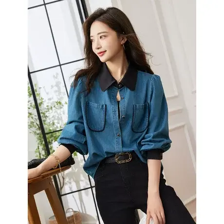 时尚气质通勤风2023年秋季新款女装长袖百搭职场撞色长袖衬衫商品大图