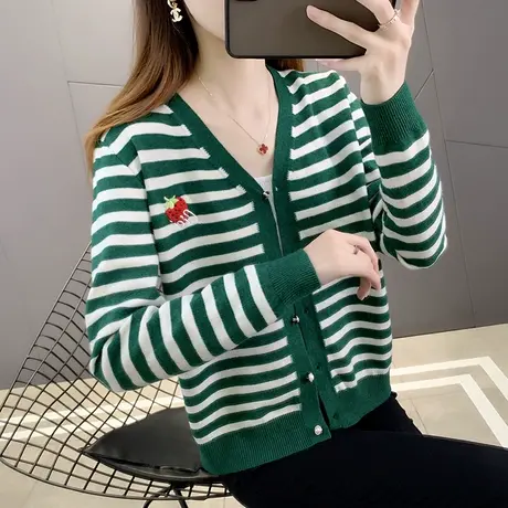 春装女2024年新款V领针织开衫女长袖外套宽松上衣爆款百搭毛衣女图片