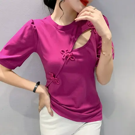 复古中国风盘扣T恤女短袖设计感小众洋气镂空上衣个性泡泡袖小衫图片