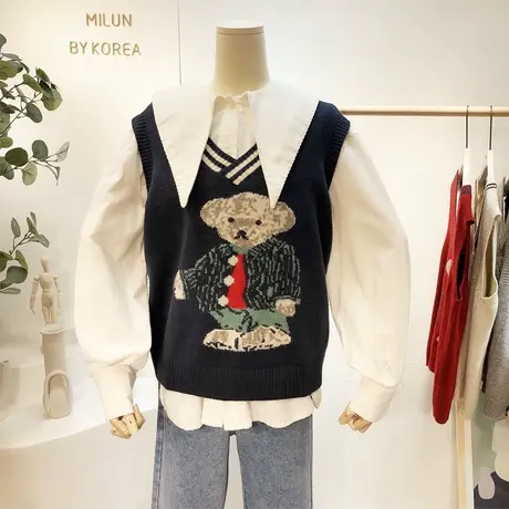 2021早春新款韩国东大门ins日系学院风小熊毛衣马甲针织衫内搭潮图片