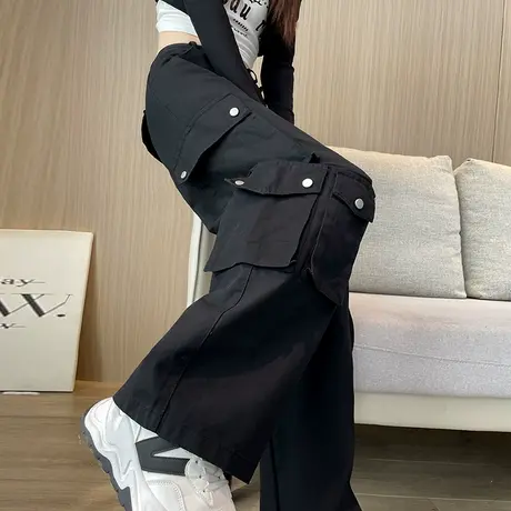 美式阔腿工装裤女秋季2023新款高腰显瘦宽松直筒多口袋运动休闲裤商品大图