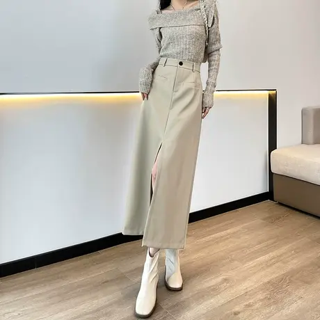 中长pu皮半身裙女2023秋冬新款气质包臀显瘦休闲高腰前开叉半身裙图片