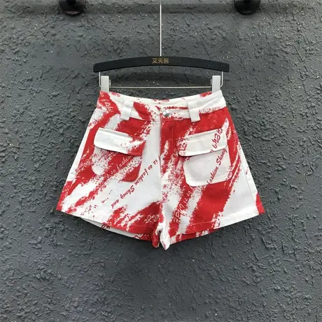夏季新款扎染印花设计口袋工装阔腿裤女时尚高腰显瘦牛仔短裤热裤商品大图