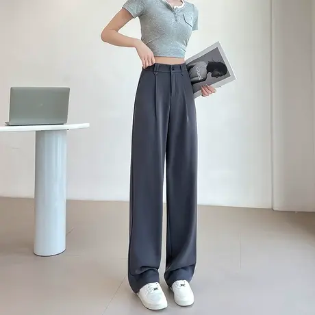灰色西装阔腿裤女夏季薄款高腰窄版直筒宽松显瘦休闲冰丝拖地长裤图片