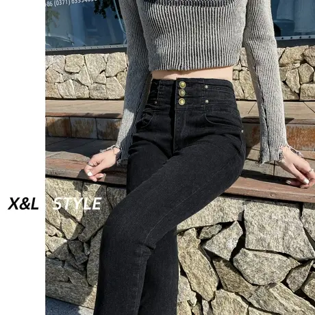 高腰加绒小脚牛仔裤女秋冬季2023新款显瘦设计感黑色提臀铅笔裤子商品大图