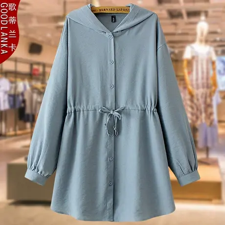 大码妈妈秋装连帽风衣薄外套宽松显瘦收腰中长款中年女士长袖衬衫商品大图