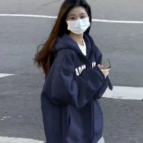 连帽卫衣女2025新款春秋季小个子宽松韩系慵懒风薄款开衫拉链外套商品大图