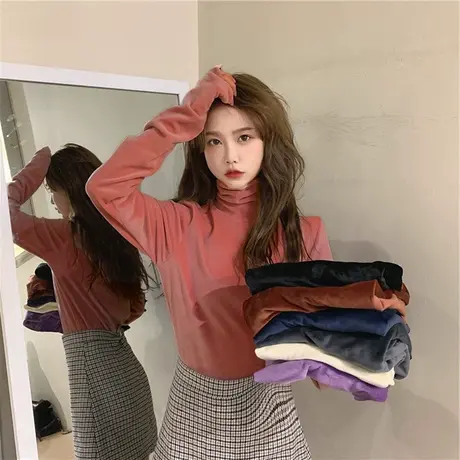 堆堆高领加绒打底衫女秋冬德绒金丝绒内搭长袖百搭洋气修身上衣服商品大图