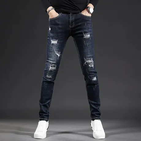 牛仔裤2025新款男爆款破洞秋季深蓝色修身小脚潮牌潮流男士牛仔裤图片