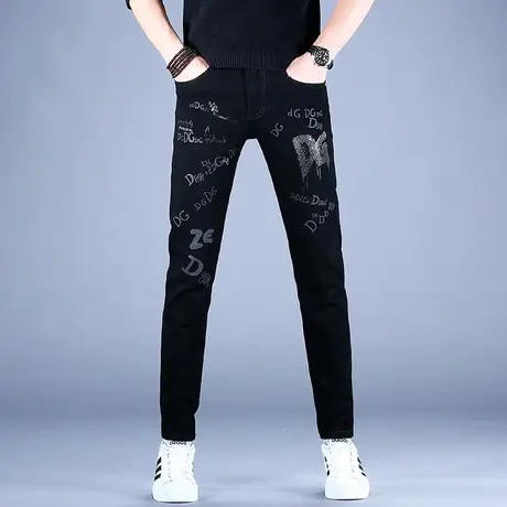 2023男款男士黑色烫钻印花牛仔裤男秋冬修身小脚韩版休闲男款裤子商品大图