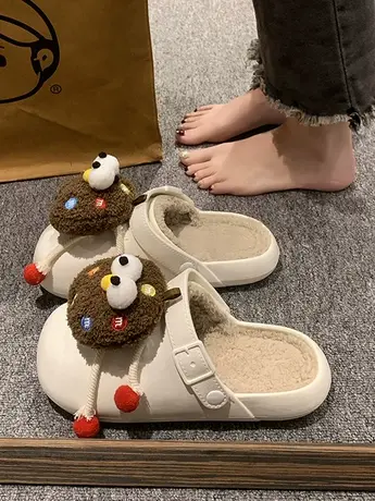 可爱曲奇包头棉拖鞋女加绒外穿2023秋新款居家保暖厚底防滑毛毛拖商品大图