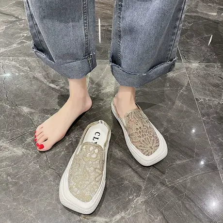 包头半拖鞋女夏外穿2024年新款舒适平底蕾丝网纱镂空懒人穆勒单鞋商品大图