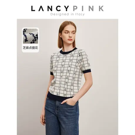 【意大利设计】朗姿2023夏季奥莱复古格纹毛针织衫短袖T恤上衣女图片