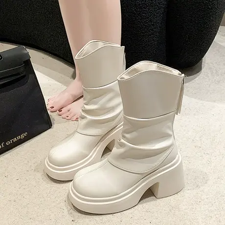 厚底粗跟短靴女马丁靴2023年秋冬新款韩版气质加绒高跟圆头奶油靴图片